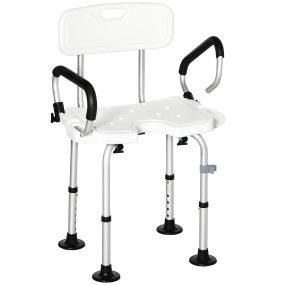 Silla de ducha para personas mayores antideslizante con respaldo altura ajustable asiento en U y apoyabrazos abatible carga 136 kg