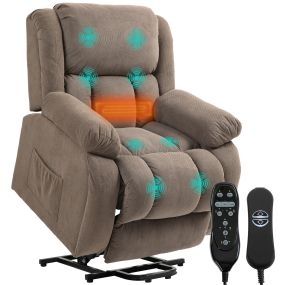 Sillón Relax Reclinable Eléctrico Levanta Personas Mayores con 8 Puntos Masaje Vibratorio y Calor, Sillón Elevador, Asiento Ancho, Puerto USB, Bolsillos, Reposapiés, de Terciopelo, Marrón Claro