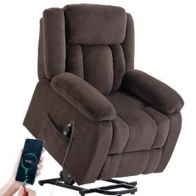 Sillón relax reclinable eléctrico elevador con USB, control remoto, asiento ancho, terciopelo, marrón