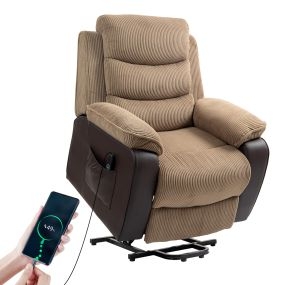 Sillón relax reclinable eléctrico elevador para personas, tapizado en pana marrón con USB y control remoto