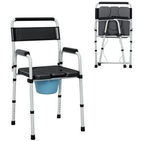 Silla WC plegable para mayores con altura ajustable, cubo y almohadillas antideslizantes, negro