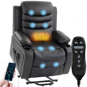 Sillón Relax Reclinable Eléctrico Levanta Personas, con Masaje Vibratorio y Calor, Sillón Elevador, con Puerto USB, Control Remoto, Reposapiés, Tapizado en PU, Bolsillos, Portavasos, Negro