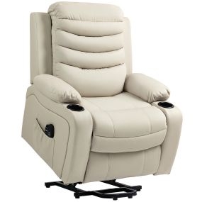 Sillón relax reclinable eléctrico elevador para personas, masaje vibratorio y calor, PU, crema