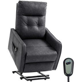 Sillón Relax Reclinable Eléctrico Levanta Personas, Tapizado en Cuero PU, Sillón Elevador con Control Remoto, Asiento de Muelles, Reposapiés, Respaldo Alto, Bolsillos Laterales, Gris