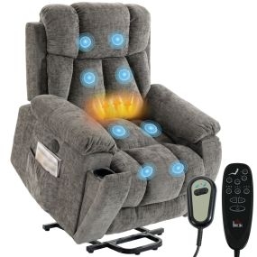 Sillón Relax Reclinable Eléctrico Levanta Personas Mayores con 8 Puntos Masaje y Calor, Sillón Elevador, Asiento Ancho, Puerto USB, Bolsillos, Reposapiés, Portavasos, de Chenilla, Gris Oscuro