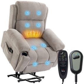 Sillón Relax Reclinable Eléctrico Levanta Personas Mayores con Masaje Vibratorio y Calor, Sillón Reclinable de Chenilla con Asiento Muelles, Respaldo Alto, Mando, Portavasos y Bolsillos, Beige