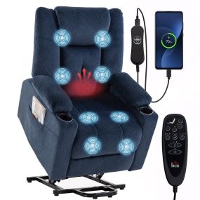 Sillón Relax Reclinable Eléctrico Levanta Personas Mayores con 8 Puntos Masaje y Calor, Sillón Elevador con USB, Portavasos, Reposapiés, Mando, Bolsillos, Tela Terciopelo, Azul Oscuro