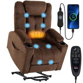 Sillón Relax Reclinable Eléctrico Levanta Personas Mayores con 8 Puntos Masaje y Calor, Sillón Elevador con USB, Portavasos, Reposapiés, Mando, Bolsillos, Tela Terciopelo, Marrón Oscuro