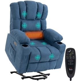 Sillón relax reclinable eléctrico elevador con masaje vibratorio y calor, rizo azul