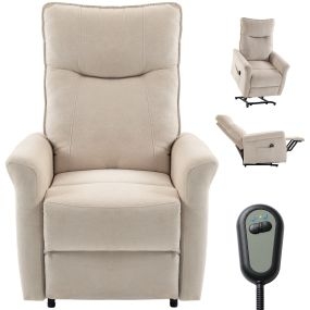 Sillón Relax Reclinable Eléctrico Levanta Personas 155°, Tapizado en Chenilla, Sillón Elevador con Mando, Asiento de Muelles, Reposapiés, Reposabrazos Anchos, Carga 150 kg, Blanco Crema