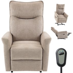 Sillón Relax Reclinable Eléctrico Levanta Personas 155°, Tapizado en Chenilla, Sillón Elevador con Mando, Asiento de Muelles, Reposapiés, Reposabrazos Anchos, Carga 150 kg, Marrón Claro