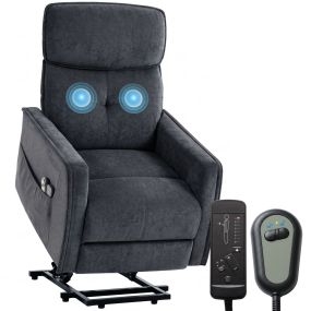 Sillón Relax Reclinable Eléctrico Levanta Personas Mayores con 2 Puntos Masaje Vibratorio, Sillón Elevador, Asiento con Muelles, Respaldo Alto Mullido, Bolsillos, Reposapiés, de Chenilla, Negro