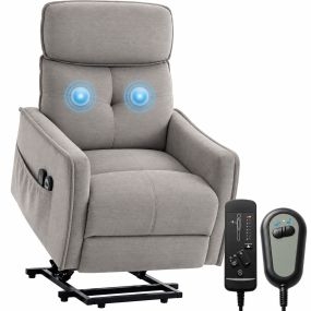 Sillón Relax Reclinable Eléctrico Levanta Personas Mayores con 2 Puntos Masaje Vibratorio, Sillón Elevador, Asiento con Muelles, Respaldo Alto Mullido, Bolsillos, Reposapiés, de Chenilla, Gris