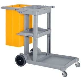 Carro de limpieza profesional con bolsa 100L, 3 bandejas y plataforma 121x50,5x96,5 cm gris y amarillo