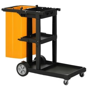 Carro de limpieza profesional con bolsa 100L, 3 bandejas y plataforma 121x50,5x96,5 cm negro y amarillo