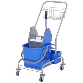 Carro de limpieza con cubos de fregona 25L, escurridor, cubeta y estantes 72x49,5x95 cm azul