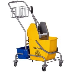 Carro de limpieza con cubos de fregona 25L, escurridor, cubeta y estantes 72x49,5x95 cm amarillo