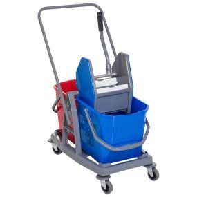 Carro de limpieza profesional de metal con 2 cubos extraíbles de 25 L, escurridor y 4 ruedas 73x45x92 cm rojo y azul