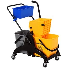 Cubo de Fregona con Ruedas, 26 L, Cubo de Fregar con Sistema de Escurridor de Presión Lateral, Asa de Transporte y Doble Cubetas Separadas para Doméstico y Comercial, Amarillo y Azul