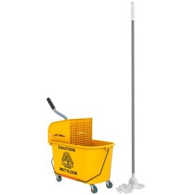 Cubo de fregona con ruedas 20 L con escurridor y asa de transporte amarillo para uso doméstico y comercial