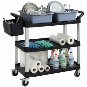 Carro de Limpieza con Ruedas, Carro de Servicio con 3 Estantes, 2 Contenedores y Cubo Lateral Colgante, Estructura de Aluminio, Carga 100 kg, 115x50x100 cm, Negro