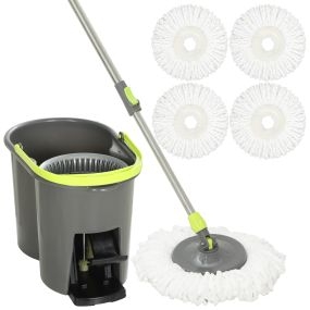 Juego de Fregona y Cubo con Escurridor para Hogar, Cubo 20 L, 2 Compartimentos, para Limpieza de Suelos y Paredes, 5 Mopas de Microfibra Lavables, Cabezal 360°, Mango Largo, Uso Seco y Húmedo