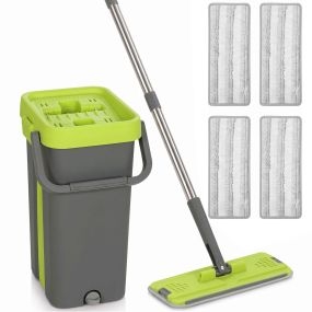 Juego de Fregona Plana y Cubo con Escurridor, Cubo de 9 L, 2 Compartimentos, para Limpieza de Suelos y Paredes, 5 Mopas de Microfibra Lavables, Cabezal 360°, Mango Largo, Uso Seco y Húmedo