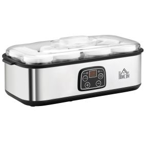 Yogurtera 25W Capacidad 1,44L con 8 Tarros de Cristal de 180 ml Termostato Ajustable Temporizador de 1-48 Horas y Apagado Automático 36x18,8x14 cm Plata