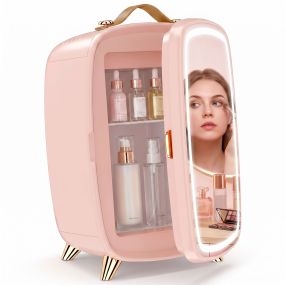 Nevera para Cosméticos 6L Nevera Pequeña 9V para Enfriar con Puerta con Espejo y Luces LED Ajustable en 3 Niveles Mini Frigorífico para Belleza Maquillaje Bebidas 24,3x19,4x35,6 cm Rosa