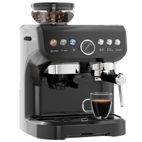 Cafetera Espresso 15 Bares 1600W con Molinillo de 15 Niveles, Vaporizador de Leche, Depósito Agua 2L y Grano 150g, 1 o 2 Tazas, Calientatazas, para Capuchino y Latte, Acero Inoxidable, Negro