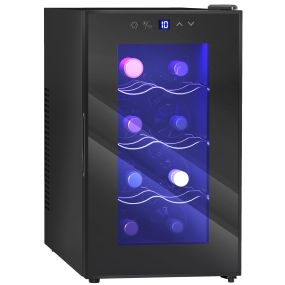 Vinoteca 8 botellas negra con doble refrigeración termoeléctrica, temperatura ajustable 8-18℃, puerta de vidrio anti-UV, pantalla LED y luz interior