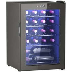 Vinoteca para 20 botellas con compresor, puerta doble cristal anti-UV, 5-18°C, negro