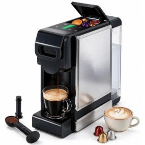 Cafetera Express con Portacápsulas Integrado, 19 Bares, Cafetera Semiautomática con Depósito de Agua Extraíble de 1 L, para Cápsulas y Café Molido