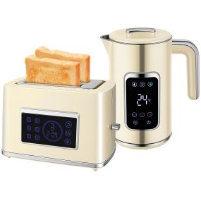Set desayuno con pantalla LED táctil, hervidor 1,7L 2200W, mantener caliente, tostadora 2 rebanadas, crema
