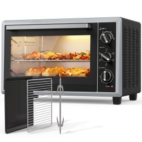 Horno Eléctrico de Sobremesa 46 L, Mini Horno de Convección 1800 W con Asador Giratorio, Temperatura 90-230 °C, Temporizador 60 Min, Luz Interior y 5 Accesorios, Negro