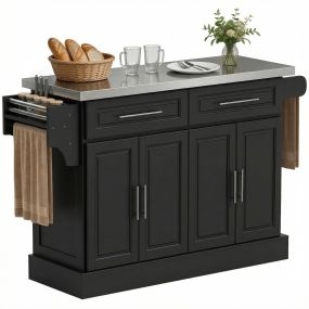 Isla de Cocina con Ruedas Carro de Cocina con Tablero de Acero Inoxidable 2 Cajones 4 Puertas 2 Estantes Ajustables Especiero y Toallero 145x45x93 cm Negro