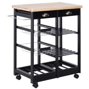 Carrito auxiliar con ruedas negro 74x37x76 cm con 2 cajones 2 cestas y 2 estantes