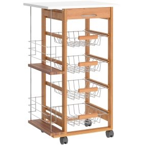 Carrito de cocina con ruedas, cajón, 4 cestas extraíbles de metal y bastidores laterales, 47x37x83 cm, madera natural