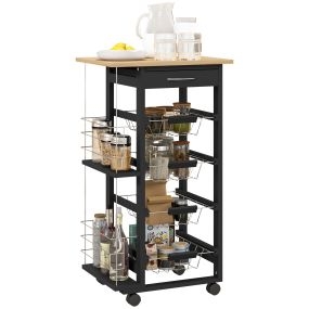 Carrito de cocina con ruedas multiusos con cajón, 4 cestas extraíbles de metal y bastidores laterales, 47x37x83 cm, negro y madera natural