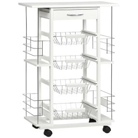Carrito de cocina con ruedas, encimera baldosada, cajón, 4 cestas y 4 especieros, blanco 57x37x83 cm
