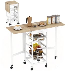 Carrito de cocina plegable con ruedas, verdulero de metal con cajón y 3 cestas, blanco y roble