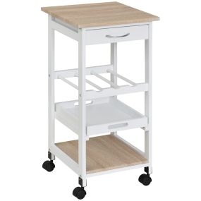 Carrito de cocina de 4 niveles con ruedas, cajón, estantes y botellero 37x37x76 cm blanco