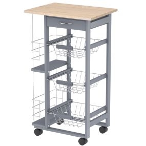 Carrito Auxiliar con Ruedas, Carrito de Cocina con 3 Cestas Metálicas, Cajón, 2 Especieros, Estructura de Madera de Pino, para Verduras, Frutas, para Comedor, 47x37x83 cm, Gris