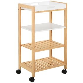 Carrito de cocina de 4 niveles con bandeja extraíble, ruedas universales, 40x30x76 cm, blanco madera