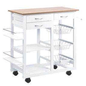 Carrito de cocina con cajones, cestas, estantes para especias y toallero, ruedas, 92x37x82 cm, blanco