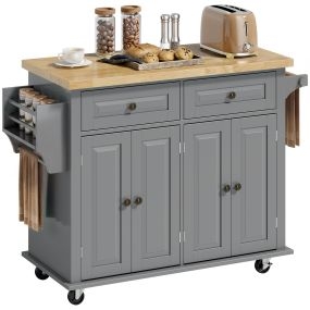 Isla de cocina con ruedas gris 111x44,5x82,5 cm con 2 cajones, 4 puertas y estante ajustable