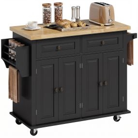 Isla de Cocina con Ruedas, Carro de Cocina con 2 Cajones, 4 Puertas, Especiero, Encimera de Madera, Estantes Ajustables y Barra Lateral, para Comedor 111x44,5x82,5 cm, Negro