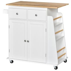 Carro de cocina auxiliar con ruedas, 2 cajones, armario, estante ajustable y especieros, blanco