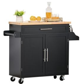 Carrito de cocina con armario, puertas, estante ajustable, cajón, barra y especiero, negro 109x40x89 cm