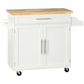 Isla de Cocina con Ruedas, Carro de Cocina con Cajón, 2 Puertas, Especiero, Barra para Paños y Estante Ajustable, para Comedor, 109x40x89 cm, Blanco